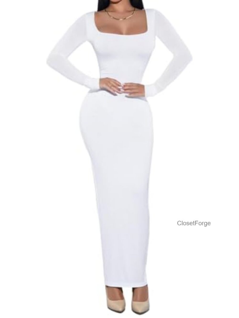 Women's Long Sleeve Bodycon Square Neck Maxi Dress Stretch Knit